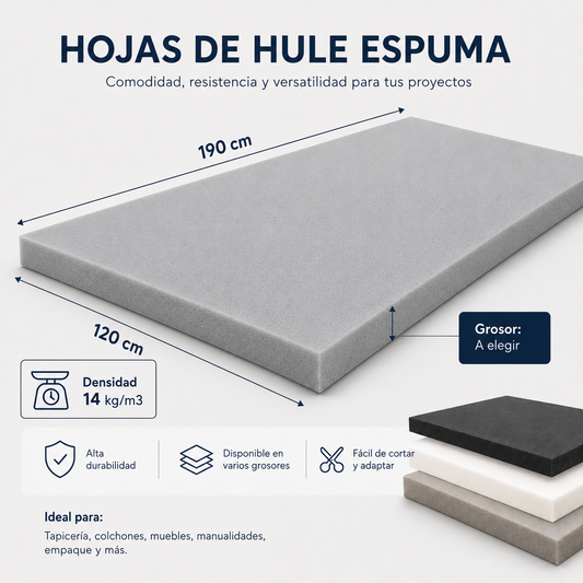 Hoja Hule Espuma Grande | Densidad 14kg/m3 | 190 x 120 cm